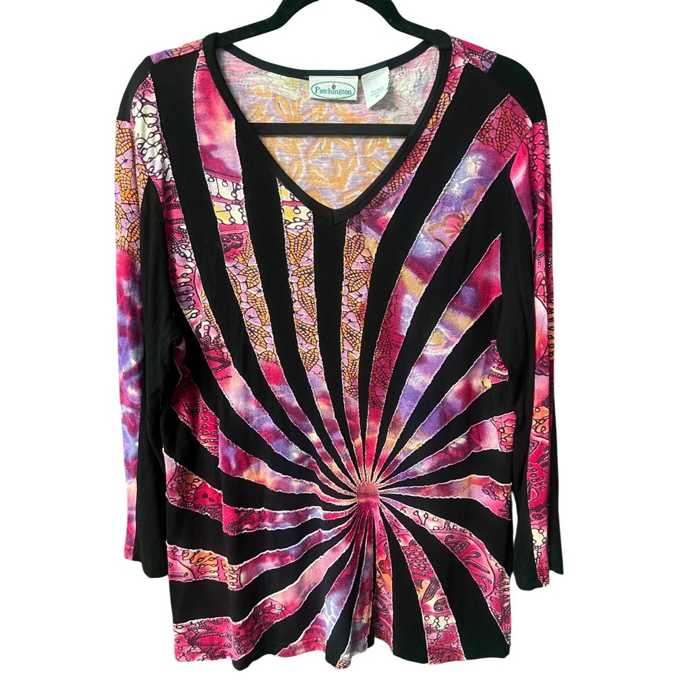 Patchington Womens XL V-Neck Top Pink Purple Batik Sunburst Rayon Long Sleeve